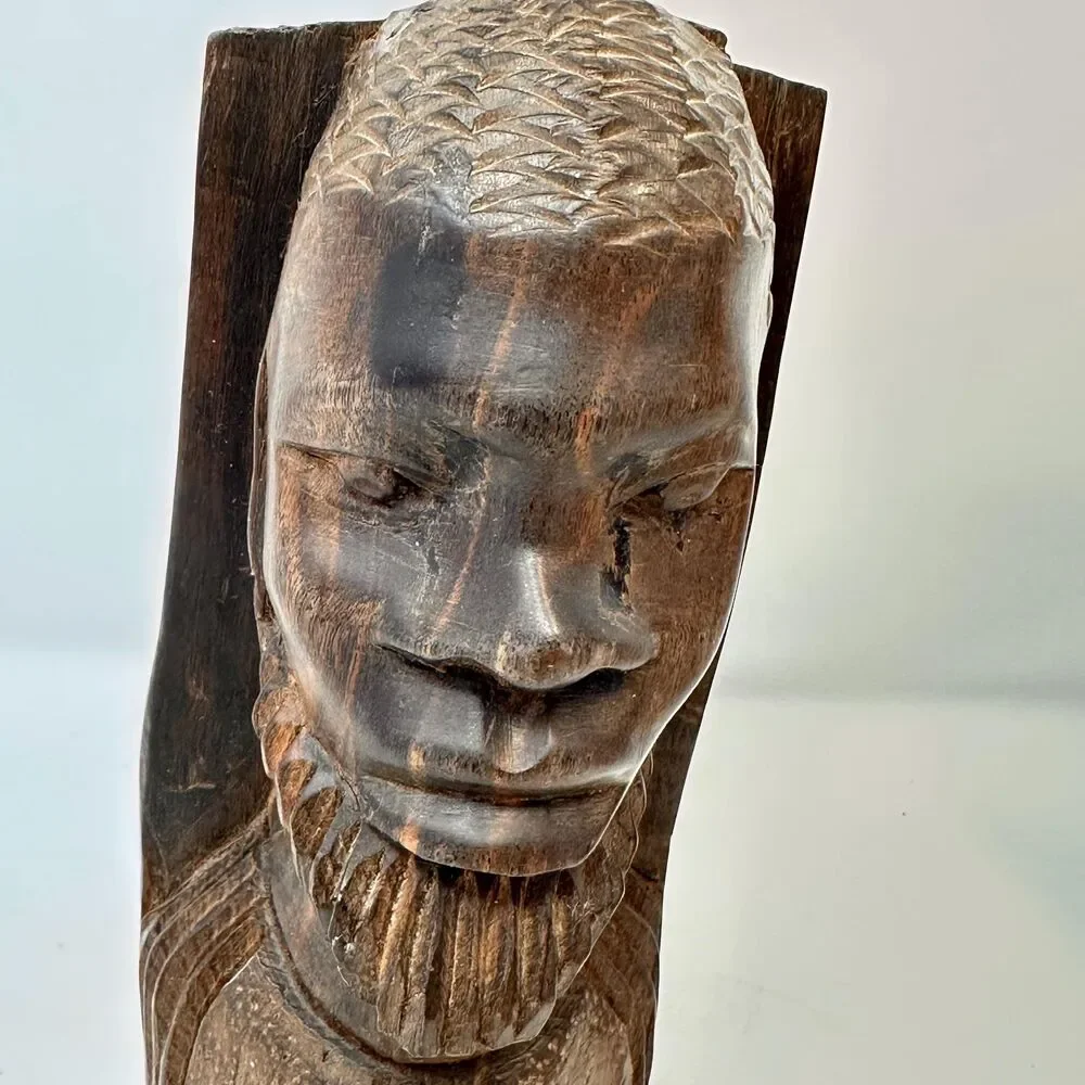 Vintage African Ironwood Bookends Hand Carved Wood Tribal Head Bust Male Female